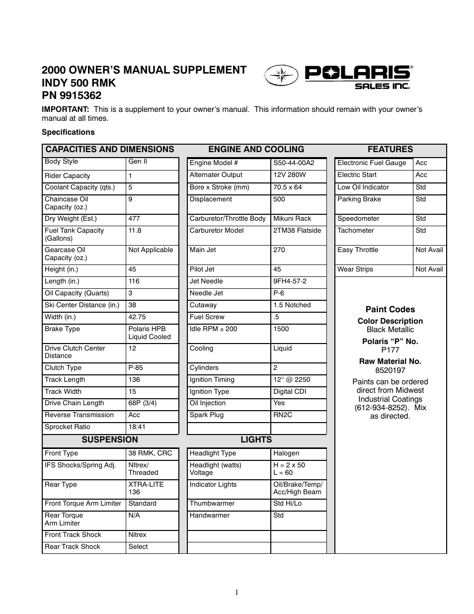 Polaris 2000 Indy 500 RMK User Manual | 2 pages