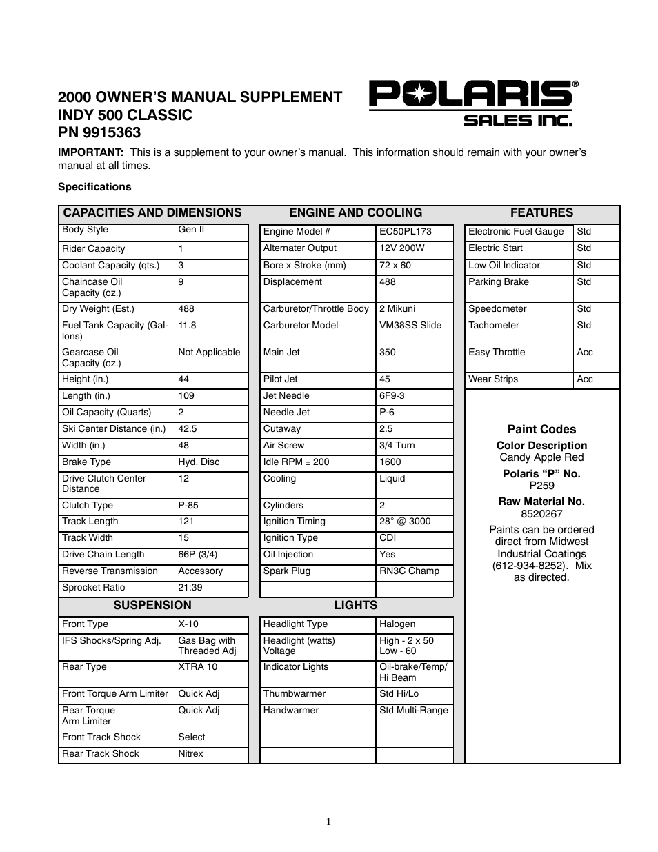 Polaris 2000 Indy 500 User Manual | 2 pages