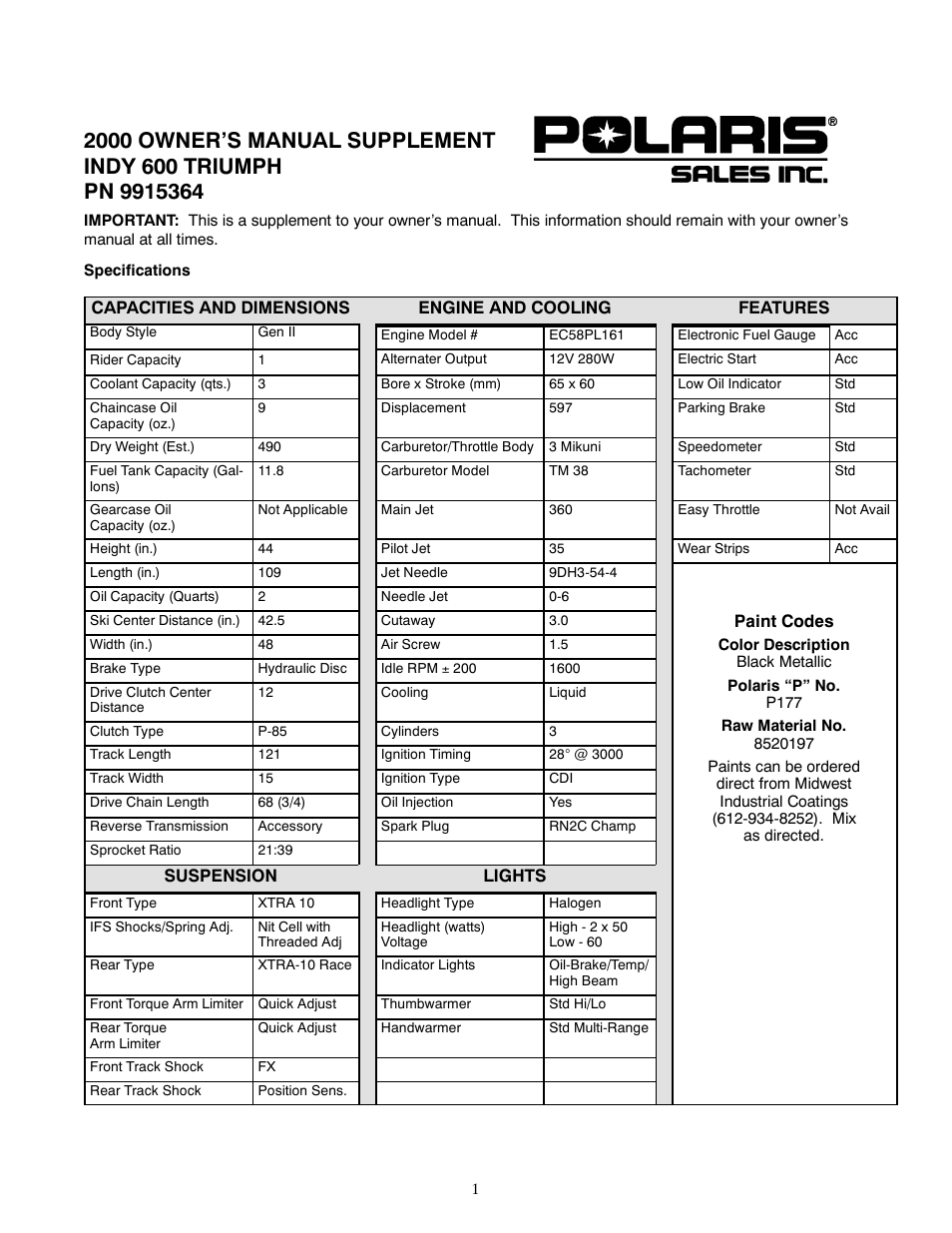 Polaris 2000 Indy 600 Triumph User Manual | 2 pages