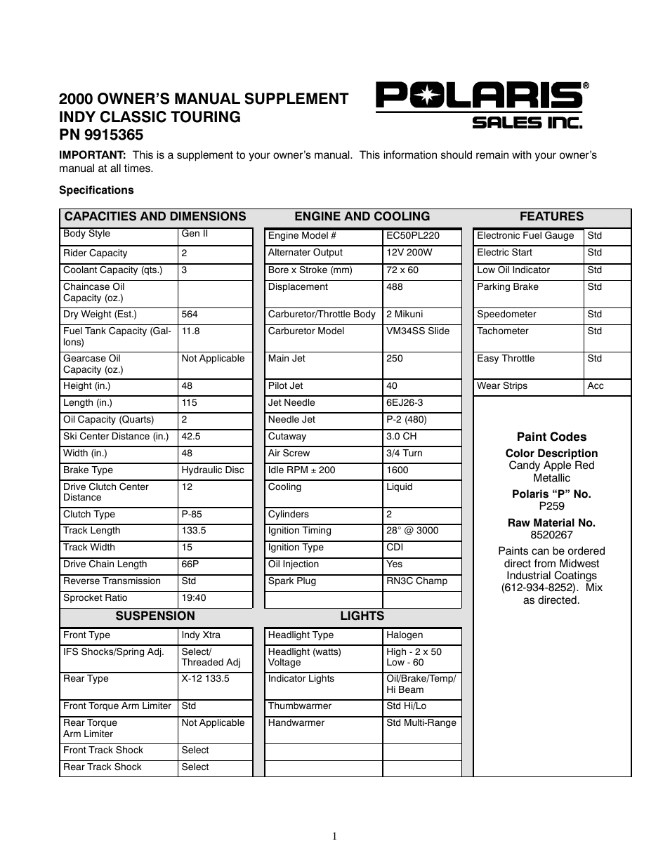 Polaris 2000 Indy Classic Touring User Manual | 2 pages