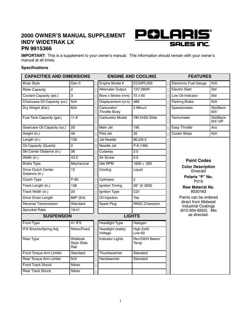 Polaris 2000 Indy Widetrak LX User Manual | 2 pages