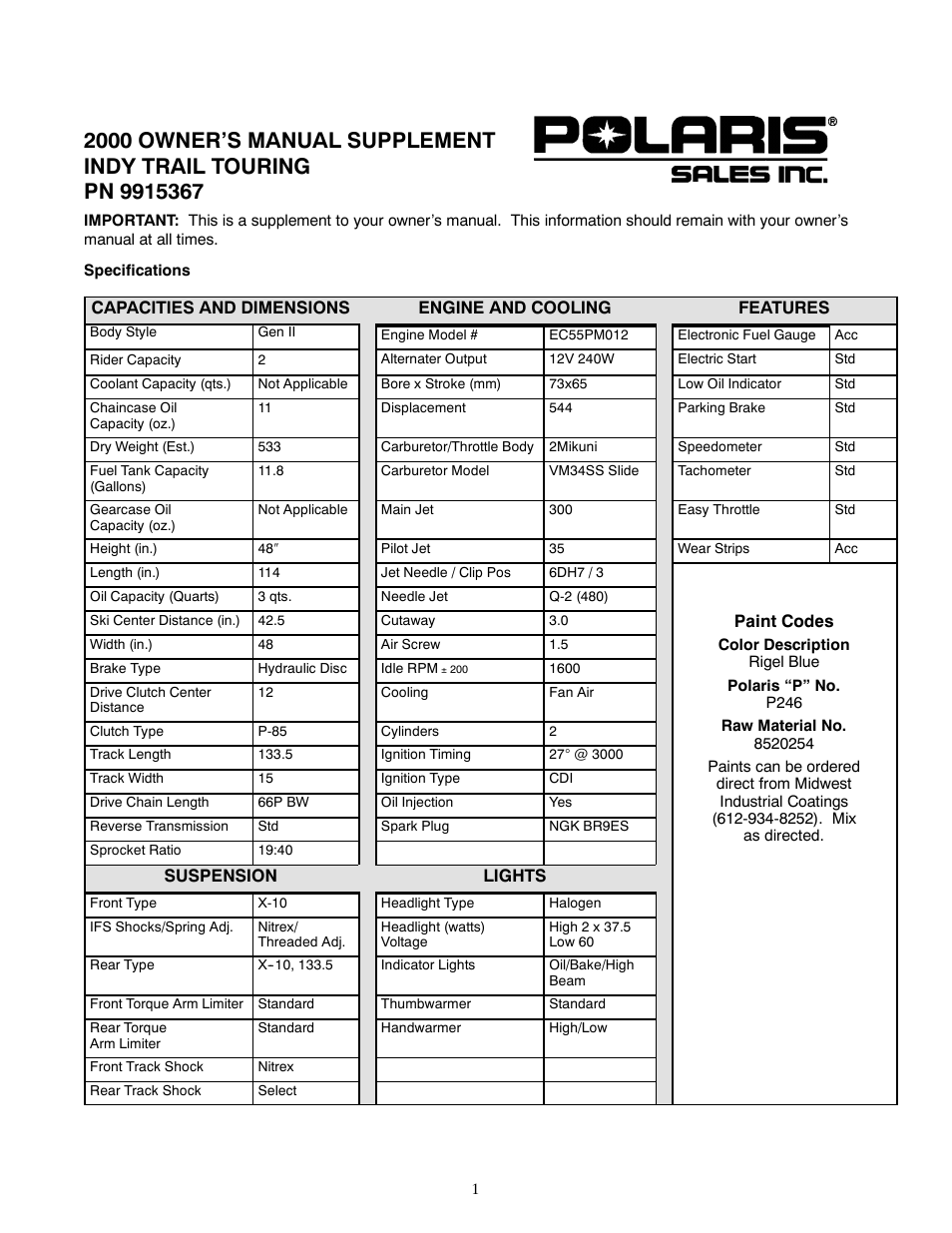 Polaris 2000 Indy Trail Touring User Manual | 2 pages