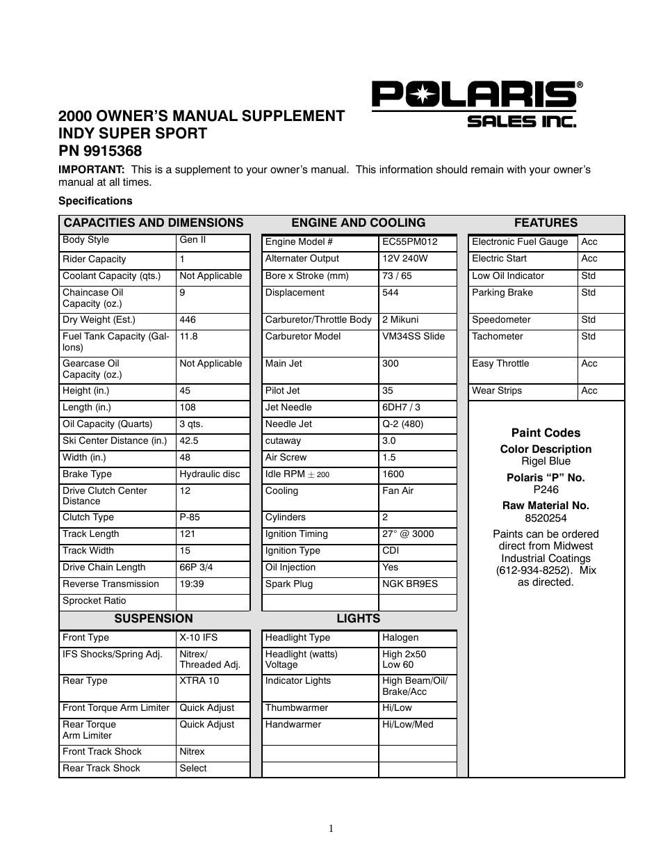 Polaris 2000 Indy Super Sport User Manual | 2 pages