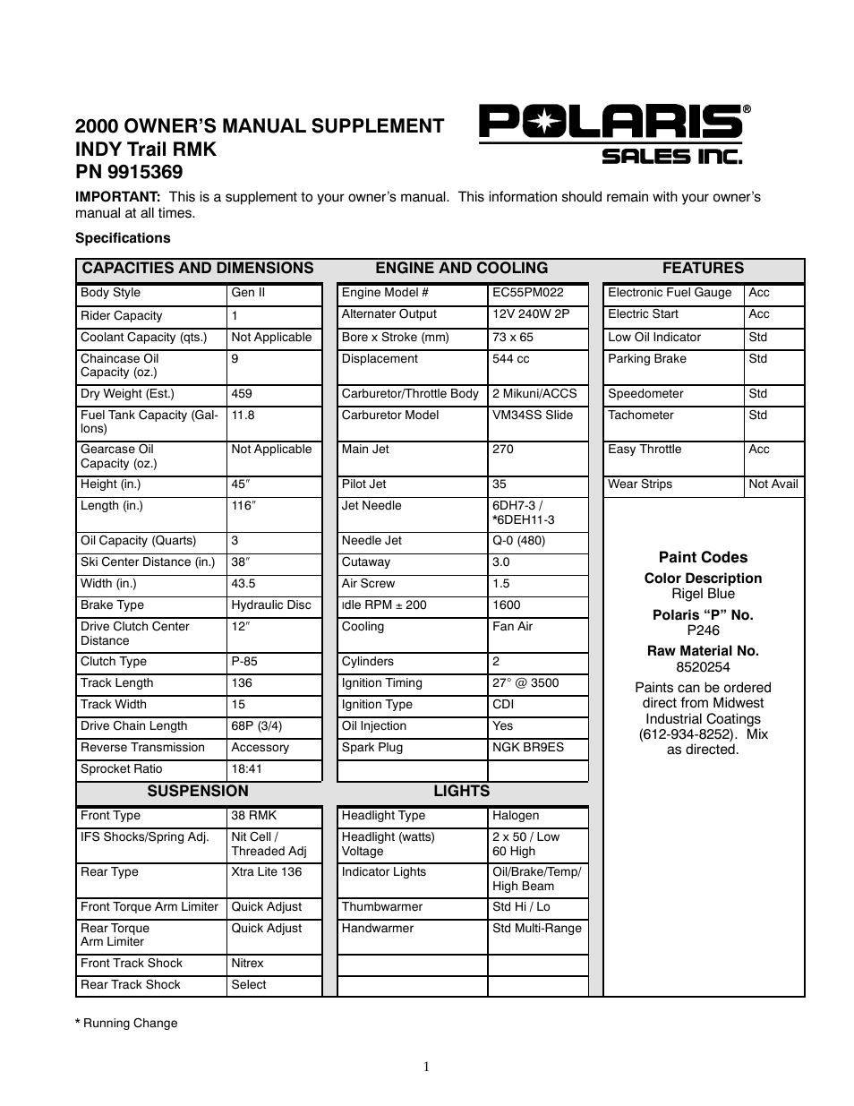 Polaris 2000 Indy Trail RMK User Manual | 2 pages