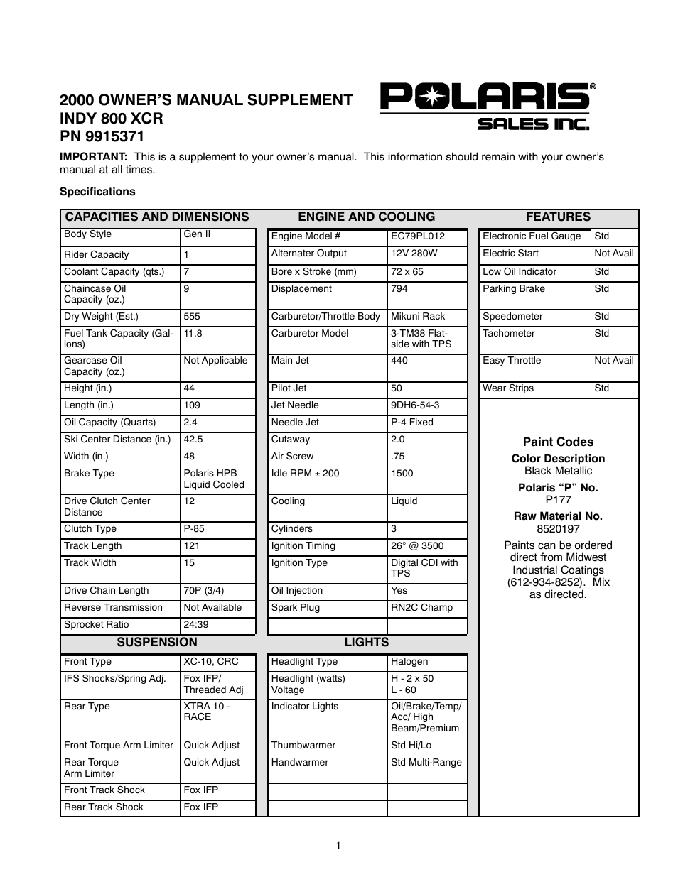 Polaris 2000 Indy 800 XCR User Manual | 2 pages