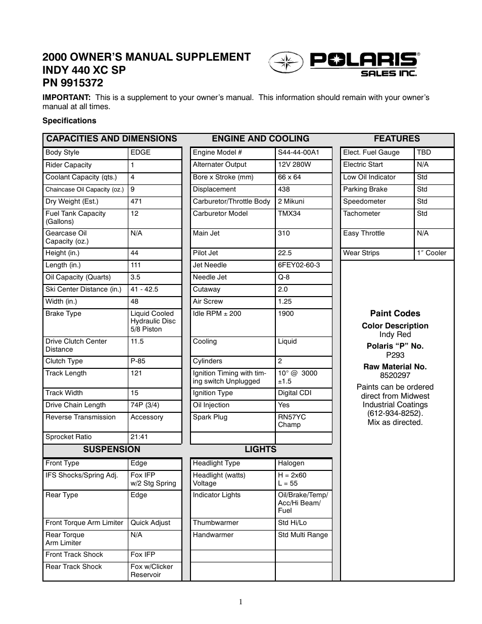 Polaris 2000 Indy 440 XC SP User Manual | 4 pages