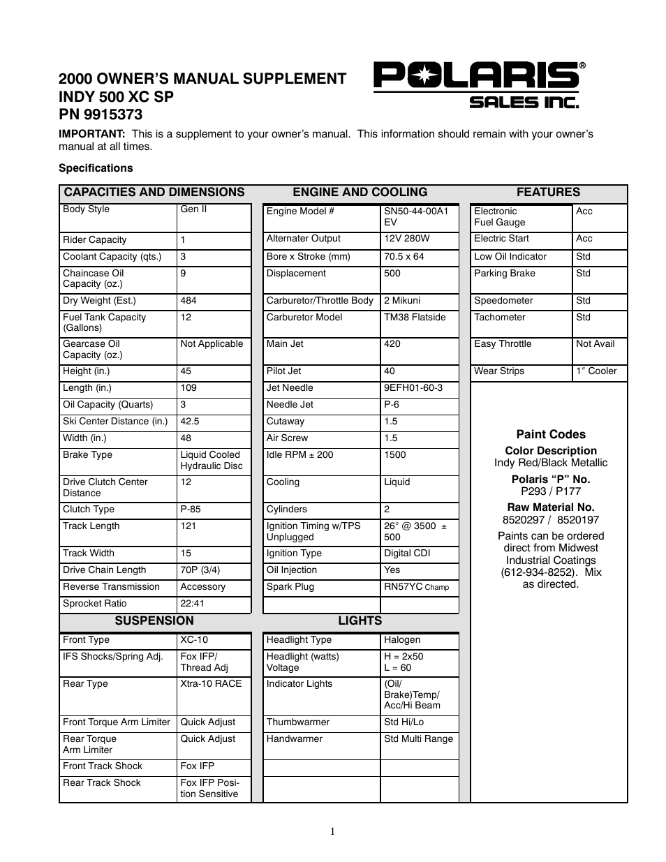 Polaris 2000 Indy 500 XC SP User Manual | 2 pages