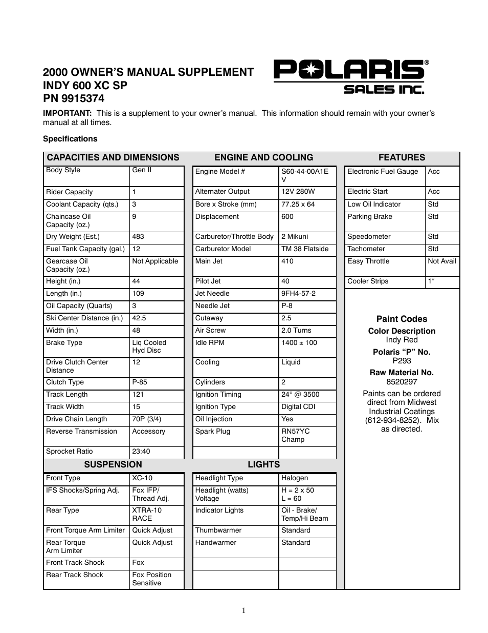Polaris 2000 INDY 600 XC SP User Manual | 2 pages