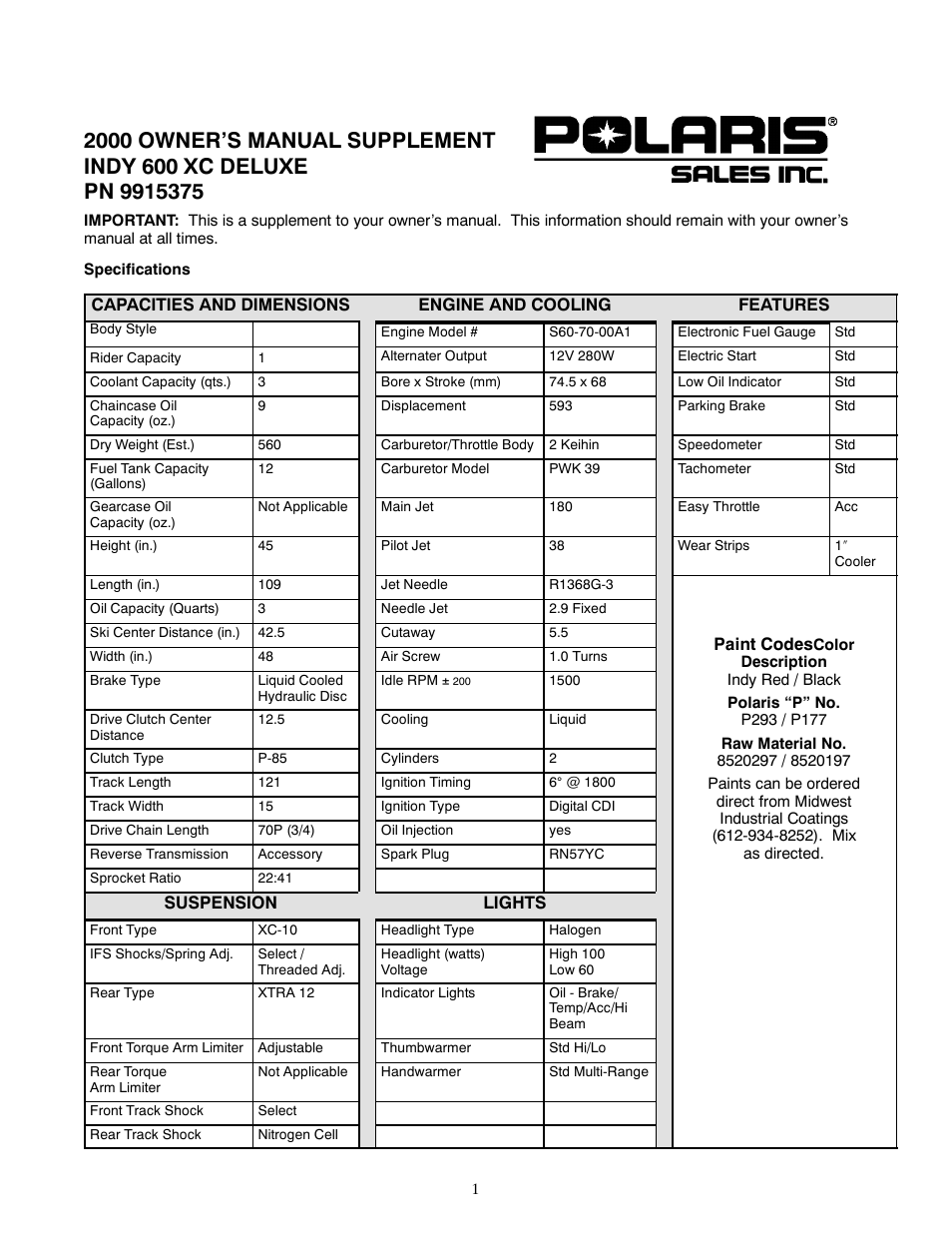 Polaris 2000 Indy 600 XC Deluxe User Manual | 2 pages