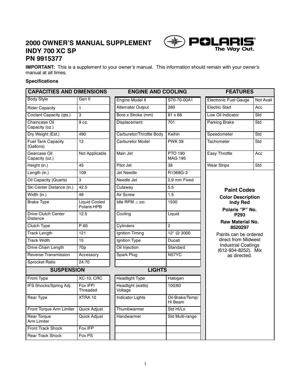 Polaris 2000 INDY 700 XC SP User Manual | 2 pages