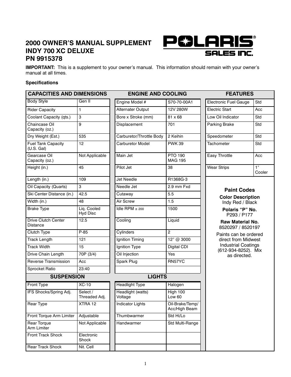 Polaris 2000 INDY 700 XC Deluxe User Manual | 2 pages