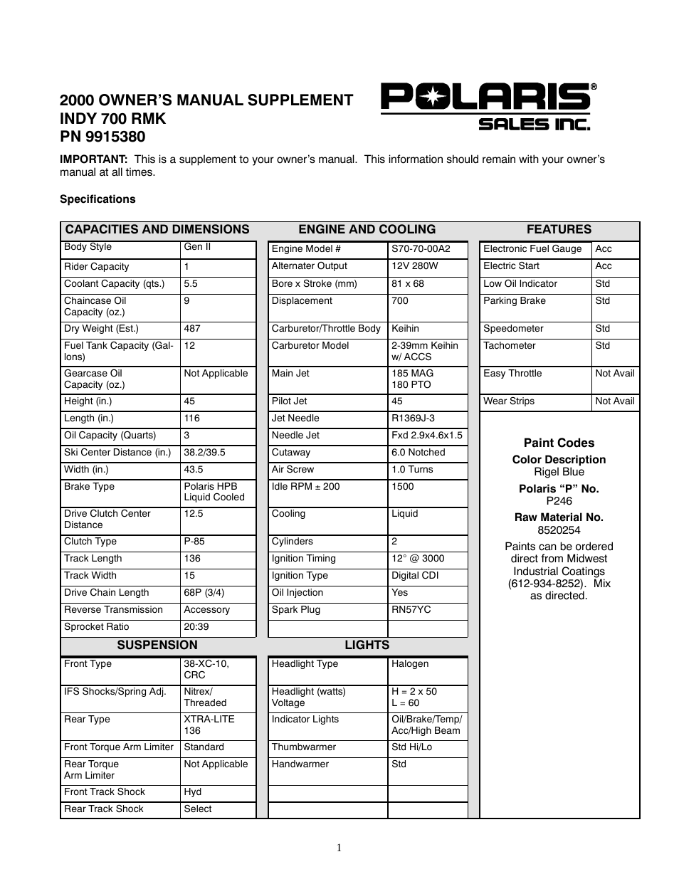 Polaris 2000 Indy 700 RMK User Manual | 2 pages