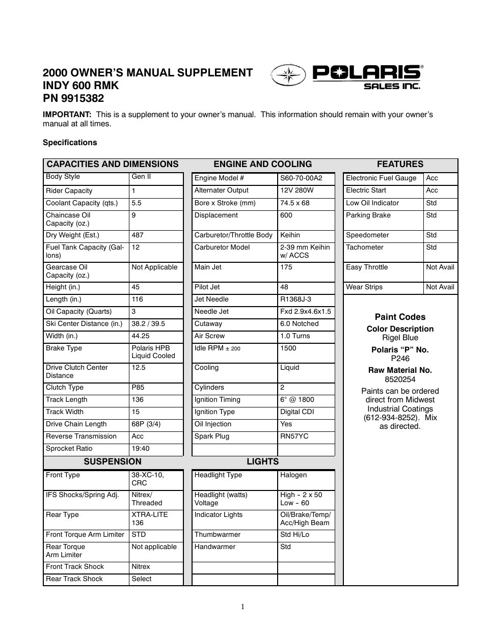 Polaris 2000 Indy 600 RMK User Manual | 2 pages