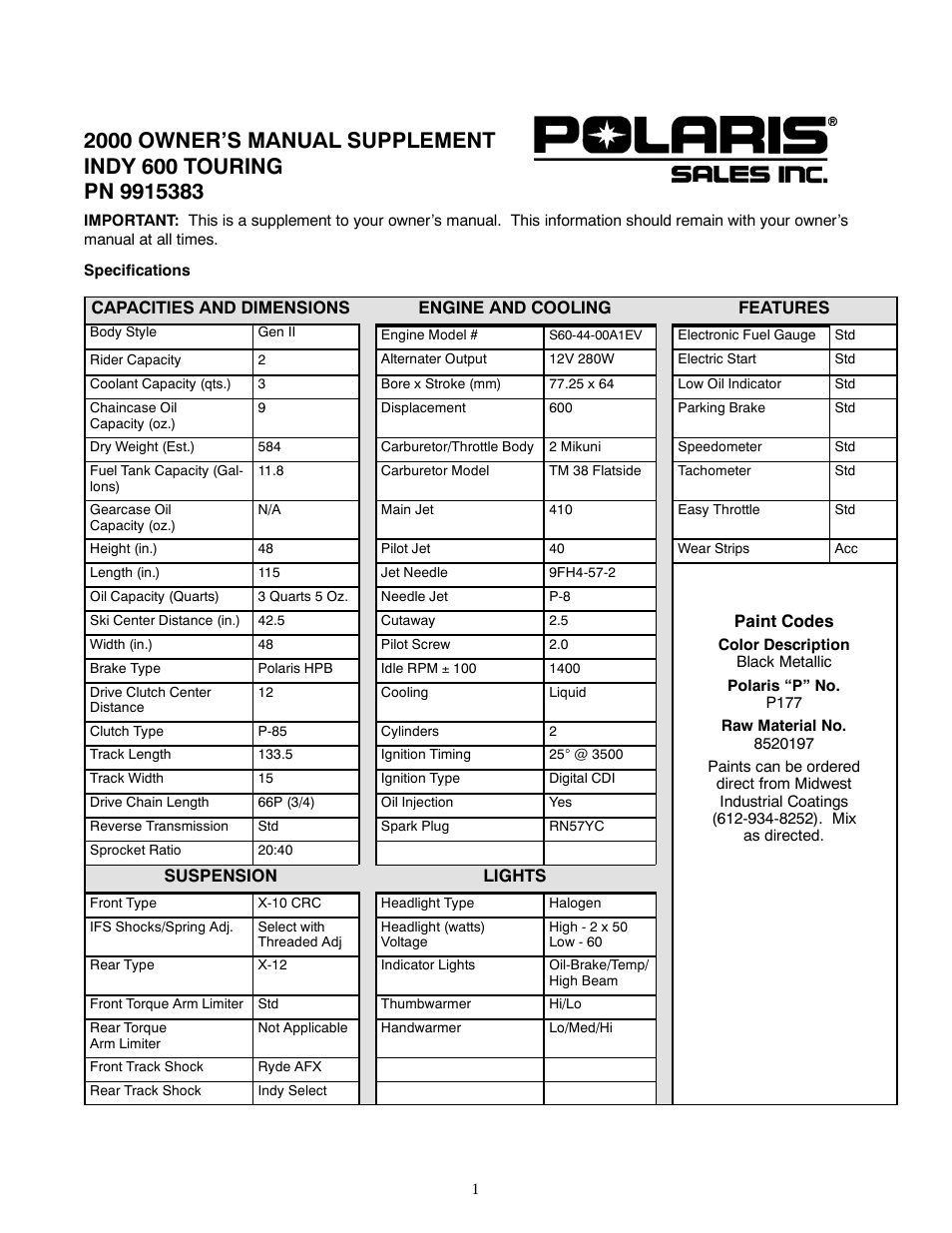 Polaris 2000 Indy 600 Touring User Manual | 2 pages