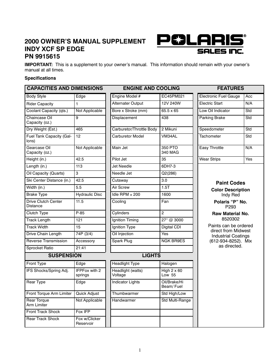 Polaris 2000 Indy XCF SP User Manual | 2 pages