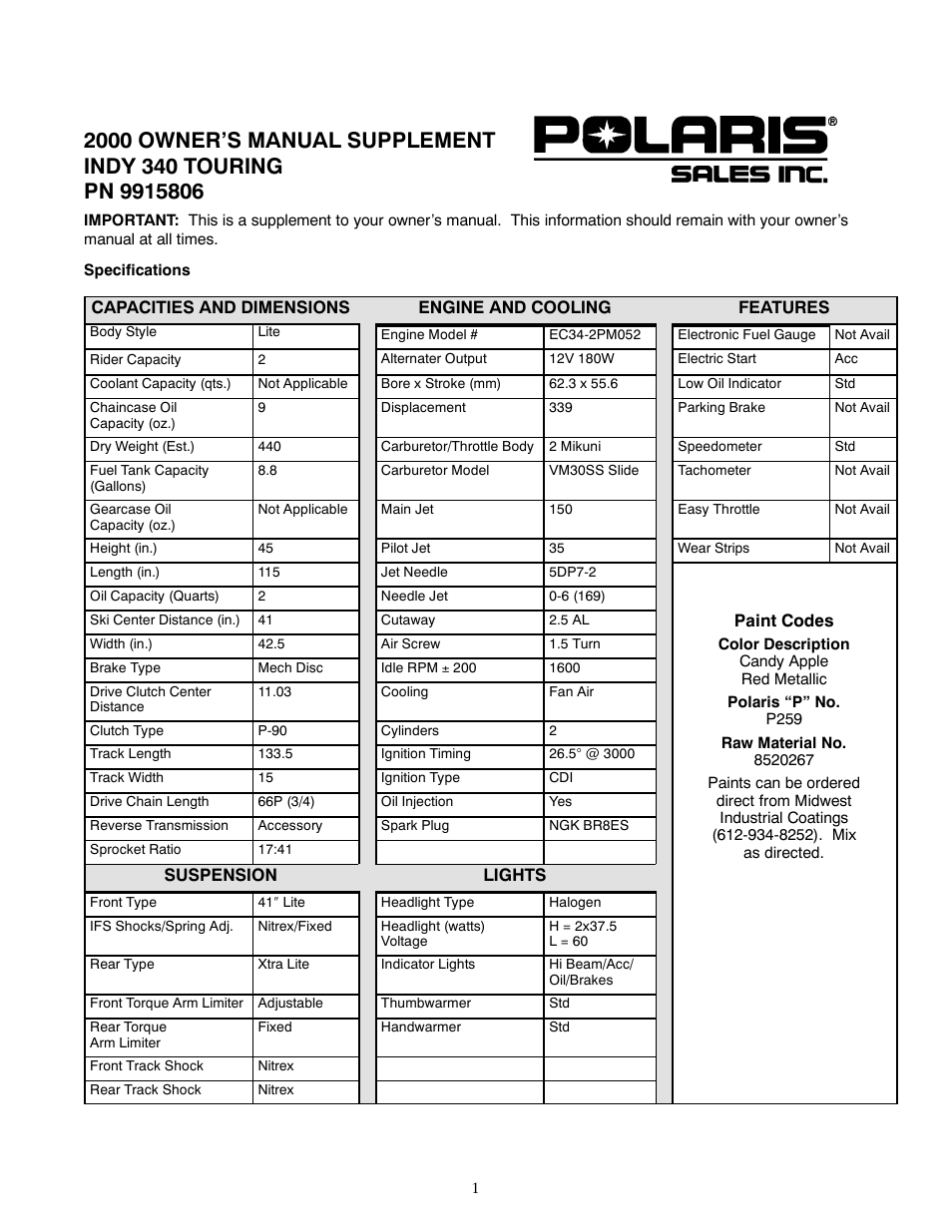 Polaris 2000 Indy 340 Touring User Manual | 2 pages