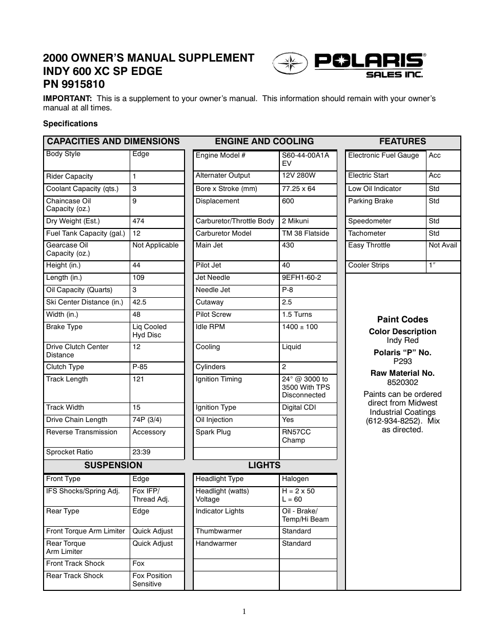 Polaris 2000 Indy 600 XC SP Edge User Manual | 2 pages