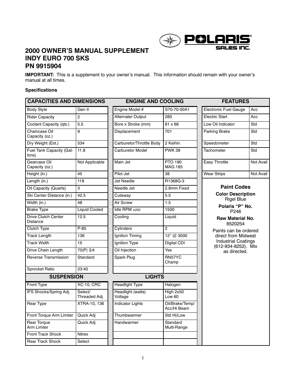 Polaris 2000 Indy Euro 700 SKS User Manual | 2 pages