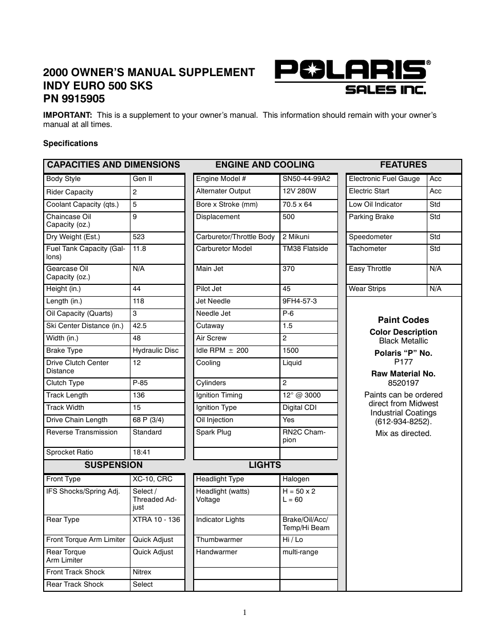 Polaris 2000 Indy Euro 500 SKS User Manual | 2 pages