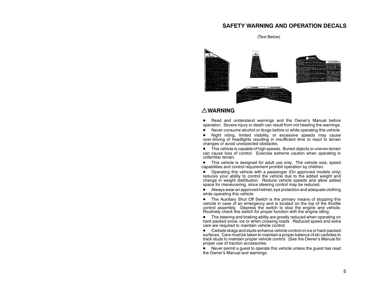 Safety warning and operation decals, Warning | Polaris 2000 Universal Snowmobile User Manual | Page 10 / 154