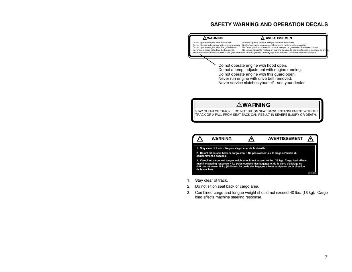 Safety warning and operation decals | Polaris 2000 Universal Snowmobile User Manual | Page 12 / 154