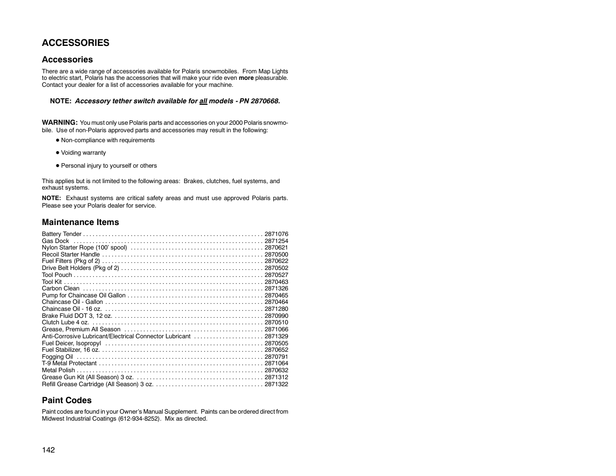 Accessories, Maintenance items, Paint codes | Polaris 2000 Universal Snowmobile User Manual | Page 147 / 154
