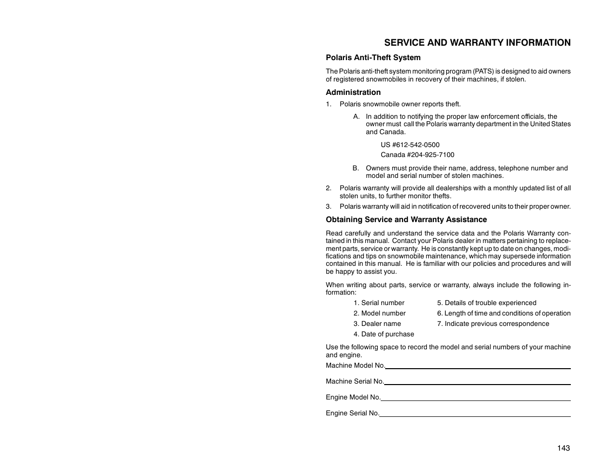 Service and warranty information | Polaris 2000 Universal Snowmobile User Manual | Page 148 / 154