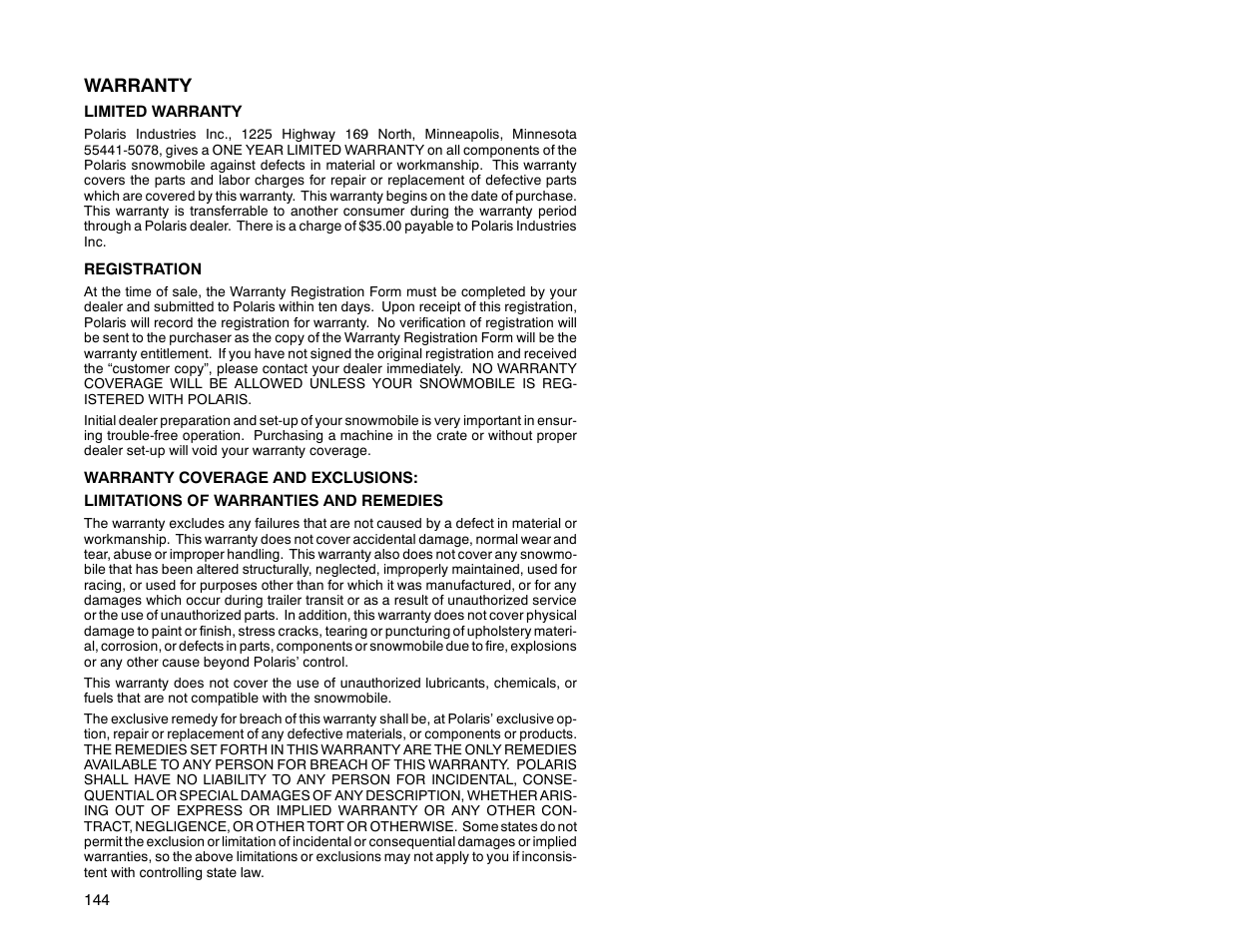 Warranty | Polaris 2000 Universal Snowmobile User Manual | Page 149 / 154