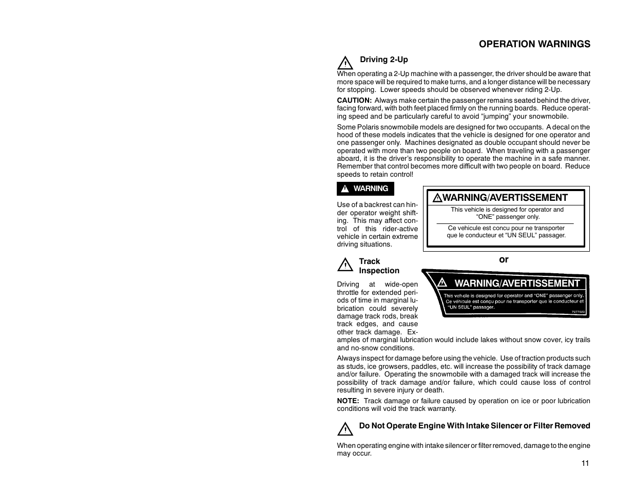 Operation warnings, Warning/avertissement, Warning/avertissement or | Polaris 2000 Universal Snowmobile User Manual | Page 16 / 154