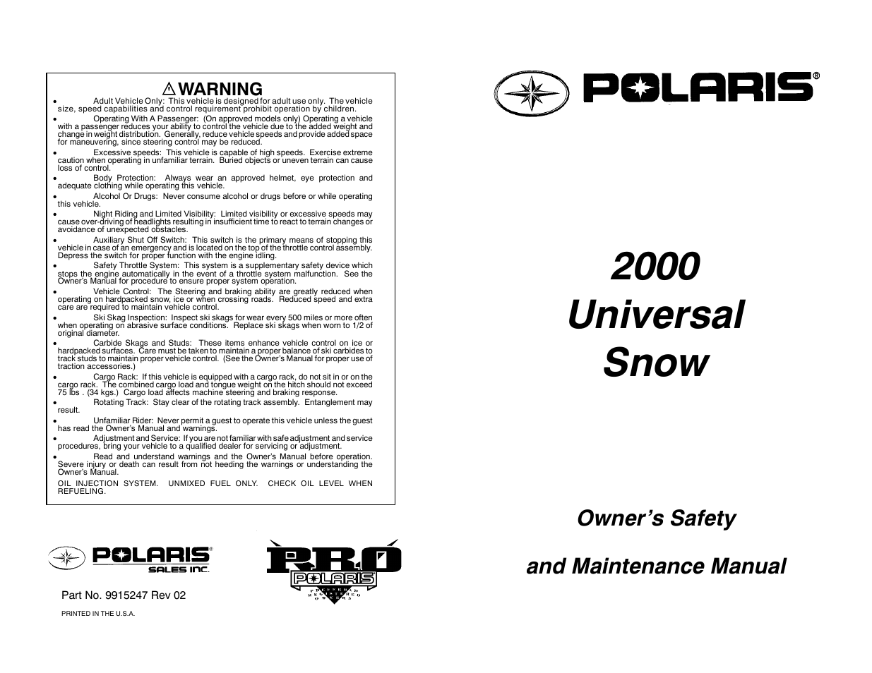 2000 universal snow, Owner’s safety and maintenance manual, Warning | Polaris 2000 Universal Snowmobile User Manual | Page 2 / 154