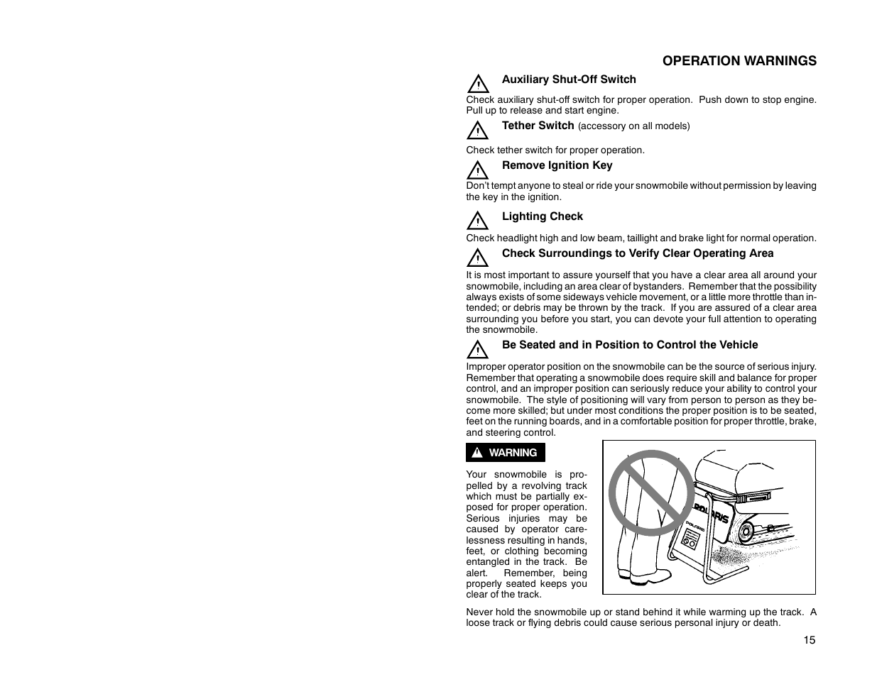 Operation warnings | Polaris 2000 Universal Snowmobile User Manual | Page 20 / 154
