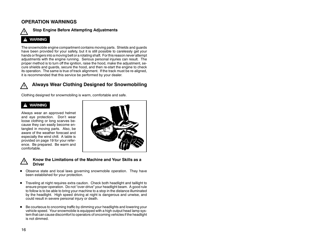 Operation warnings, Always wear clothing designed for snowmobiling | Polaris 2000 Universal Snowmobile User Manual | Page 21 / 154