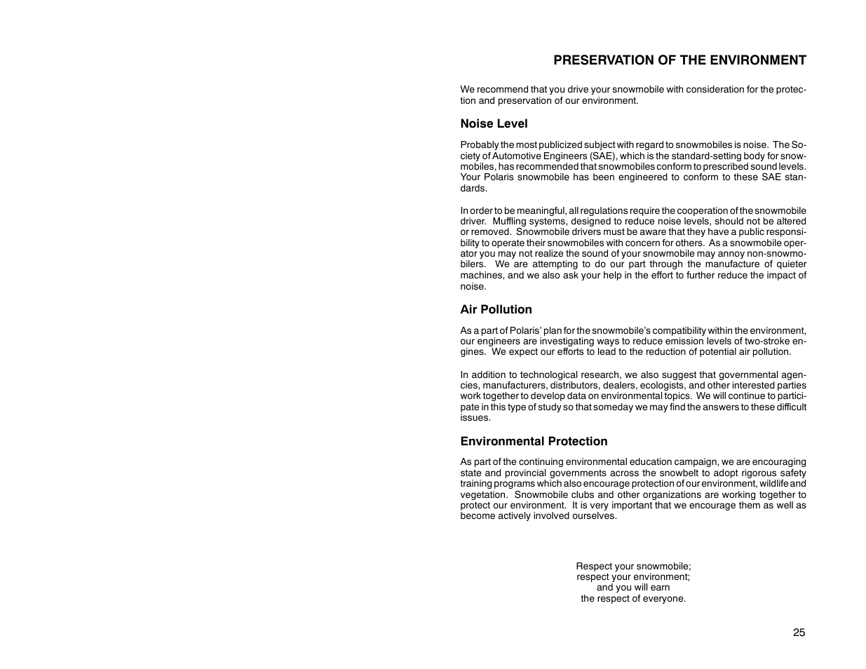 Preservation of the environment | Polaris 2000 Universal Snowmobile User Manual | Page 30 / 154