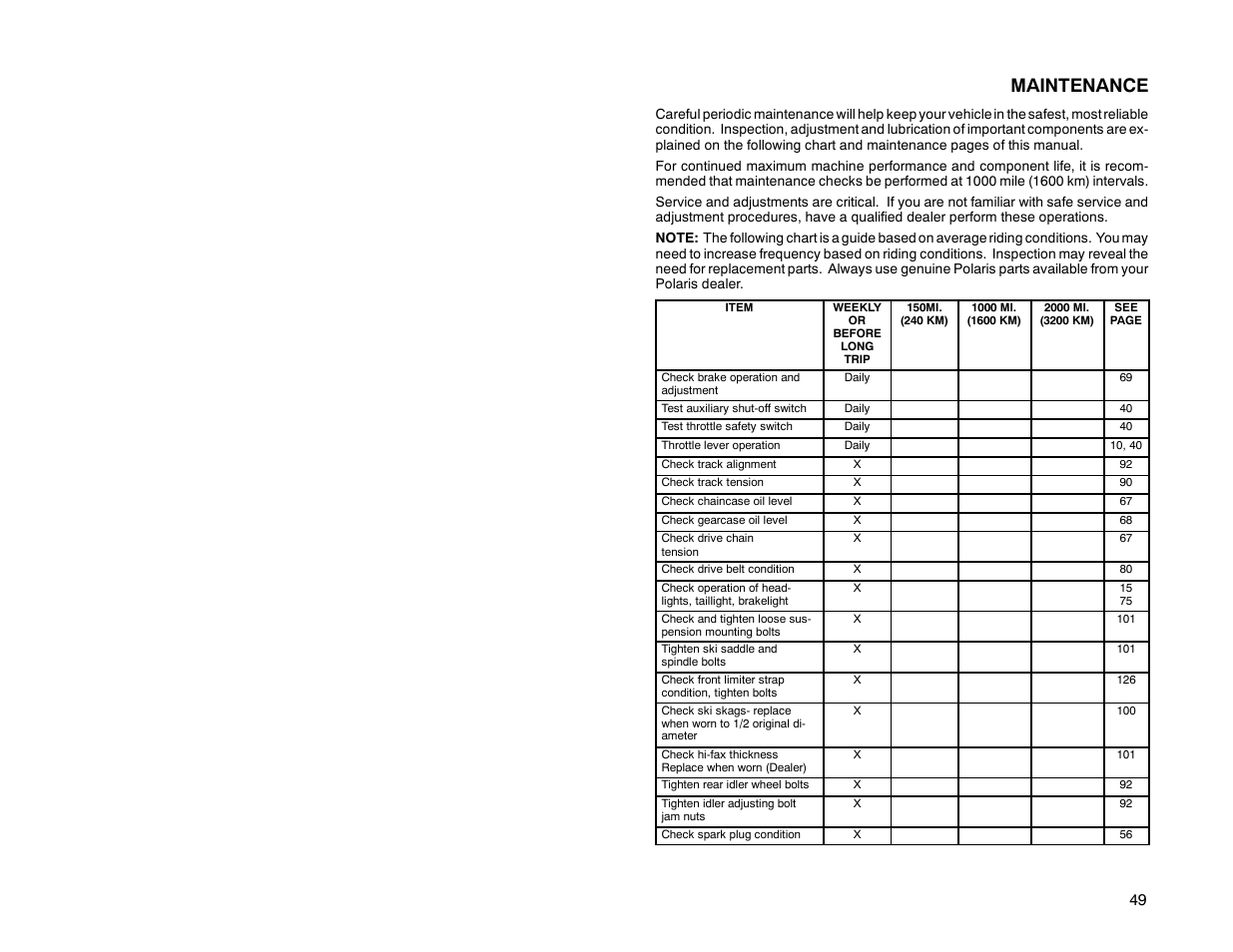 Maintenance | Polaris 2000 Universal Snowmobile User Manual | Page 54 / 154