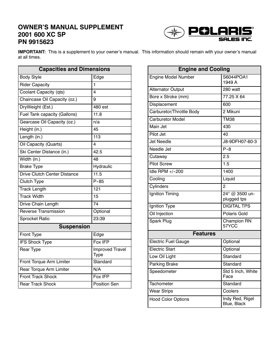 Polaris 2001 600 XC SP User Manual | 2 pages