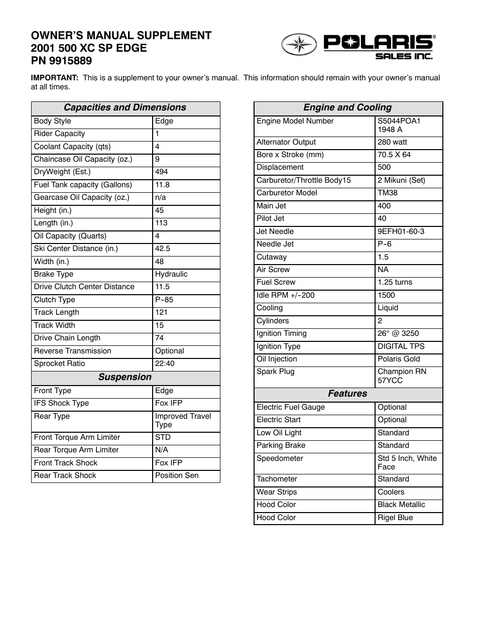 Polaris 2001 500 XC SP User Manual | 2 pages