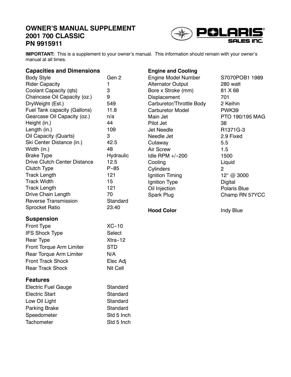 Polaris 2001 700 Classic User Manual | 2 pages