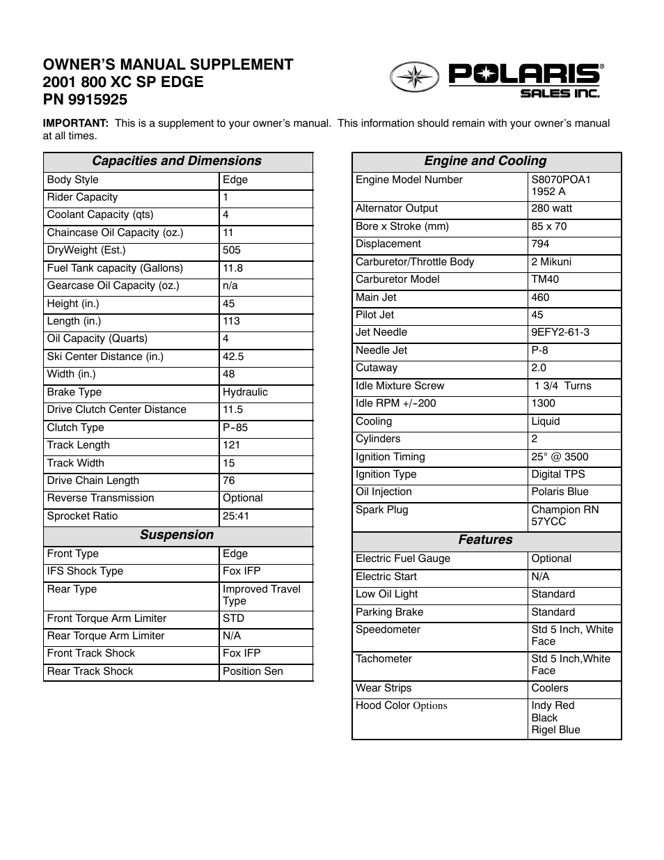 Polaris 2001 800 XC SP Edge User Manual | 2 pages