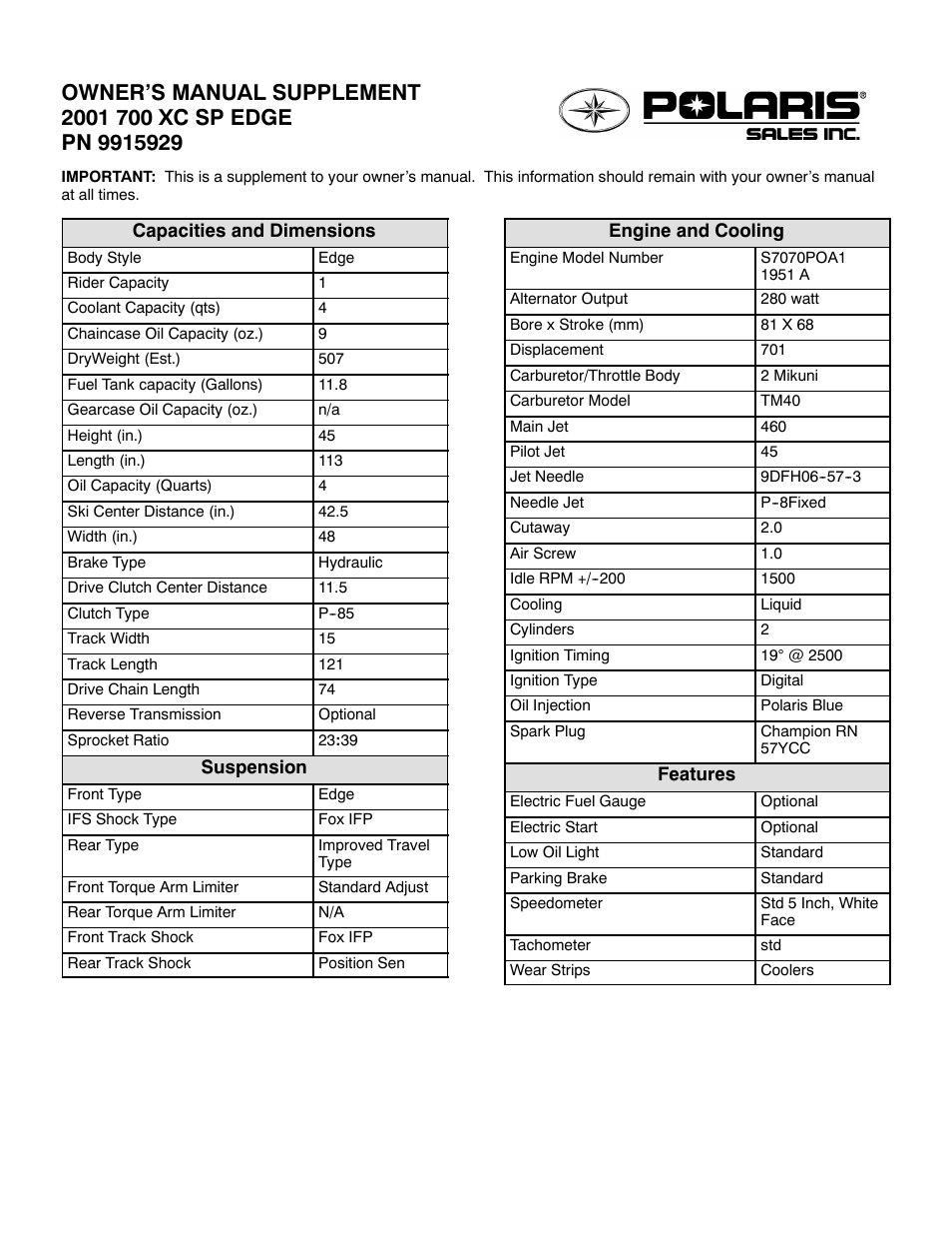 Polaris 2001 700 XC SP Edge User Manual | 2 pages