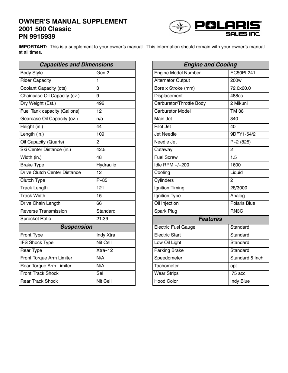 Polaris 2001 500 Classic User Manual | 2 pages