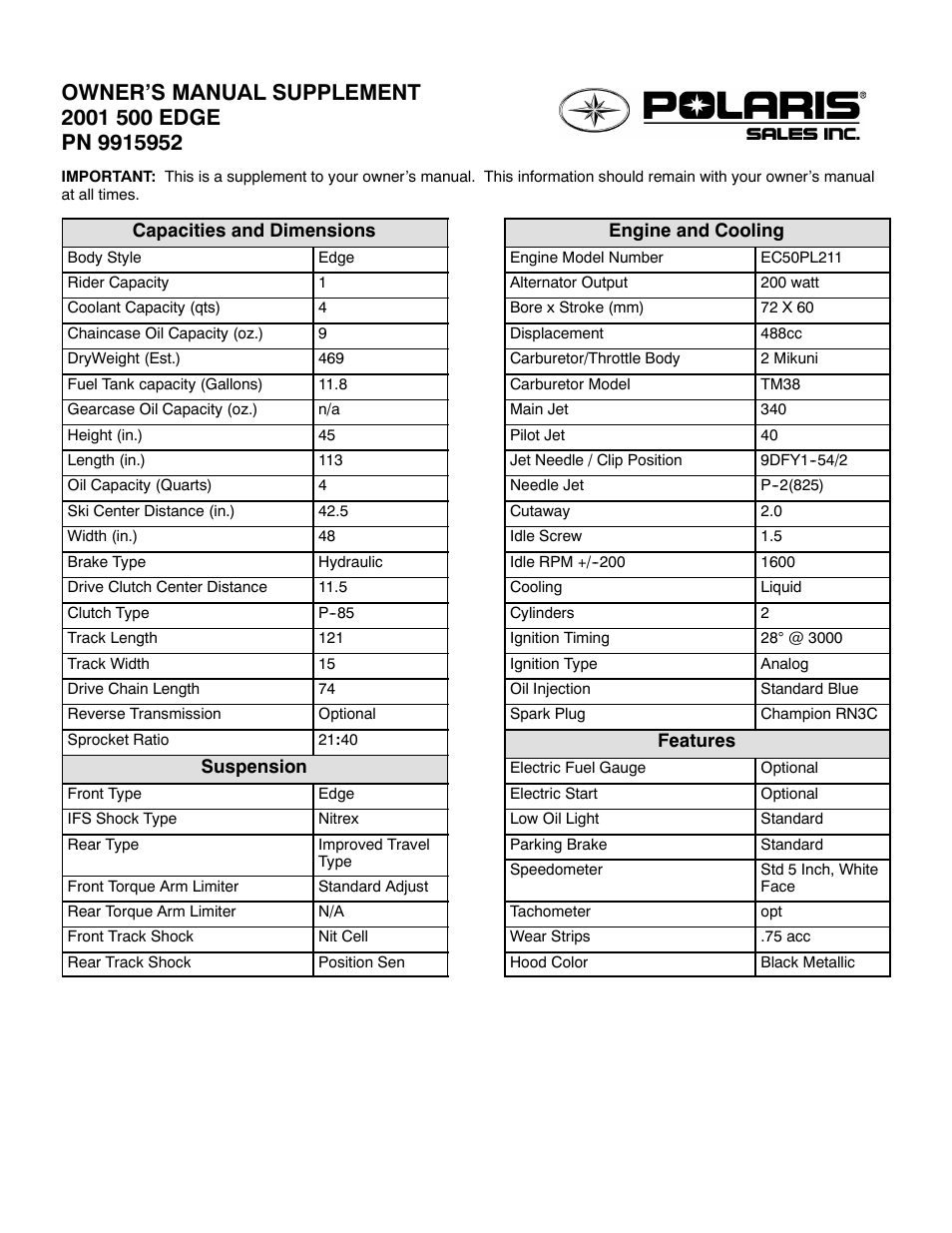 Polaris 2001 500 Edge User Manual | 2 pages