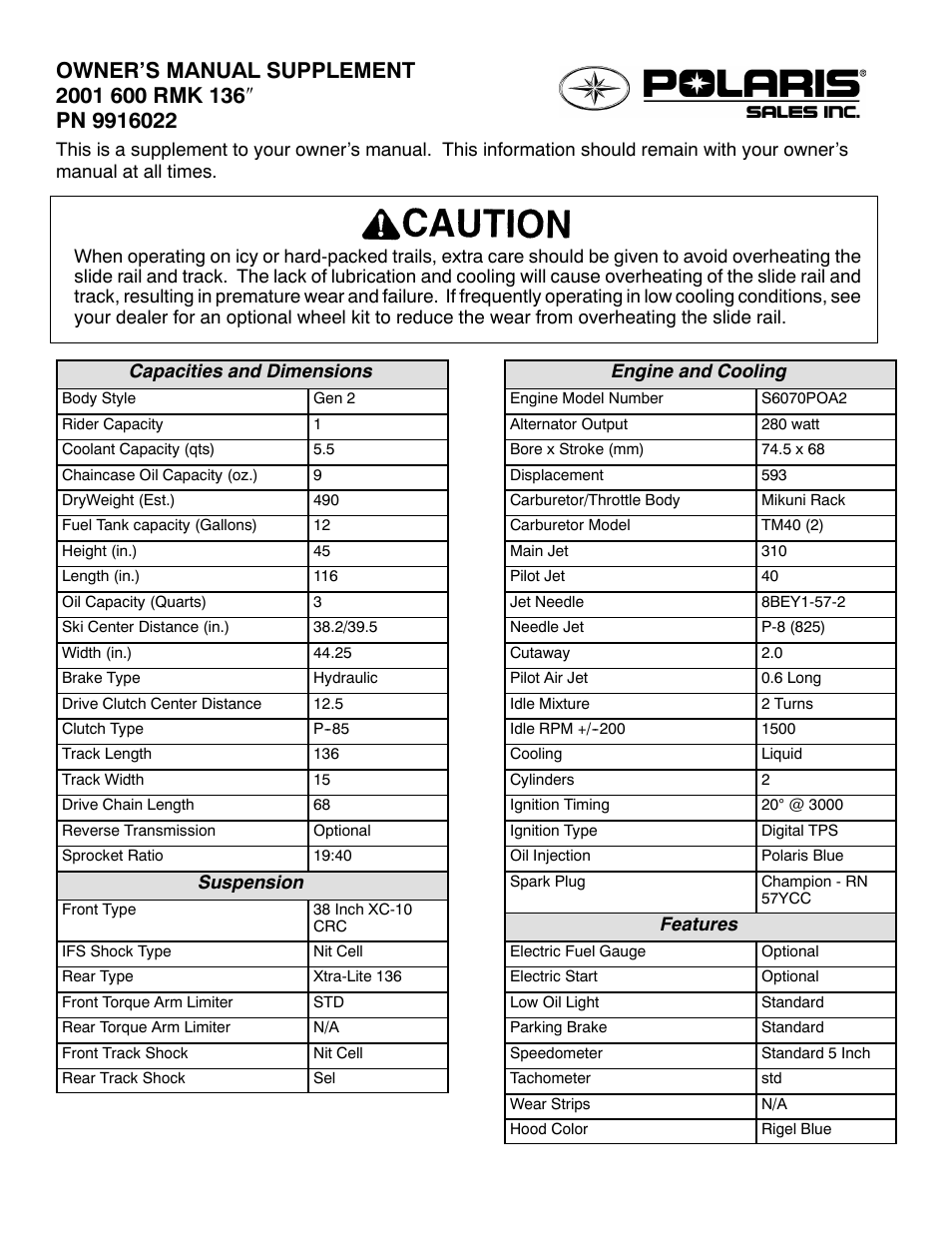 Polaris 2001 600 RMK 136 User Manual | 2 pages