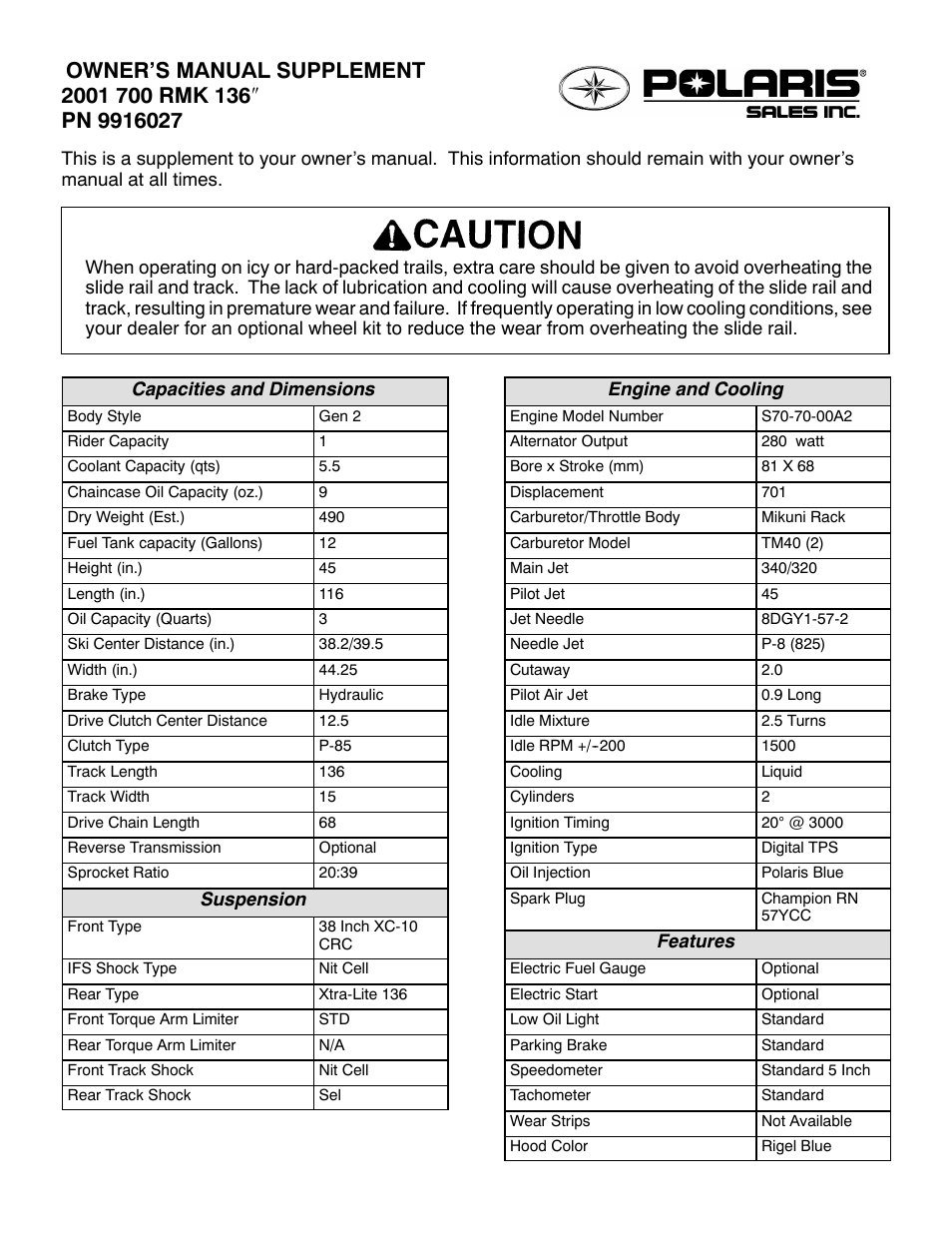 Polaris 2001 700 RMK 136 User Manual | 2 pages