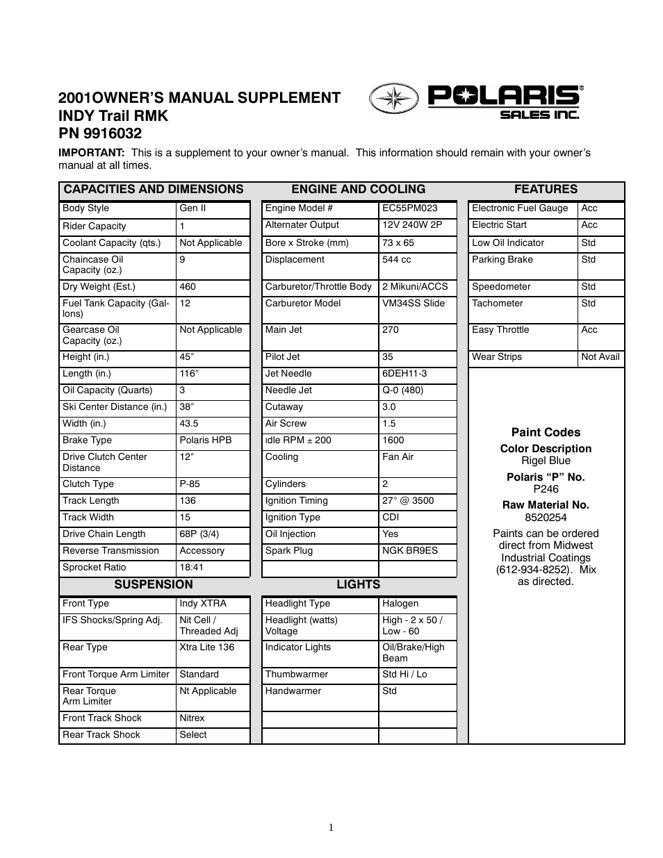 Polaris 2001 Indy Trail RMK User Manual | 2 pages