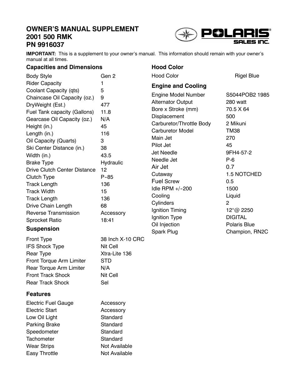 Polaris 2001 500 RMK User Manual | 2 pages