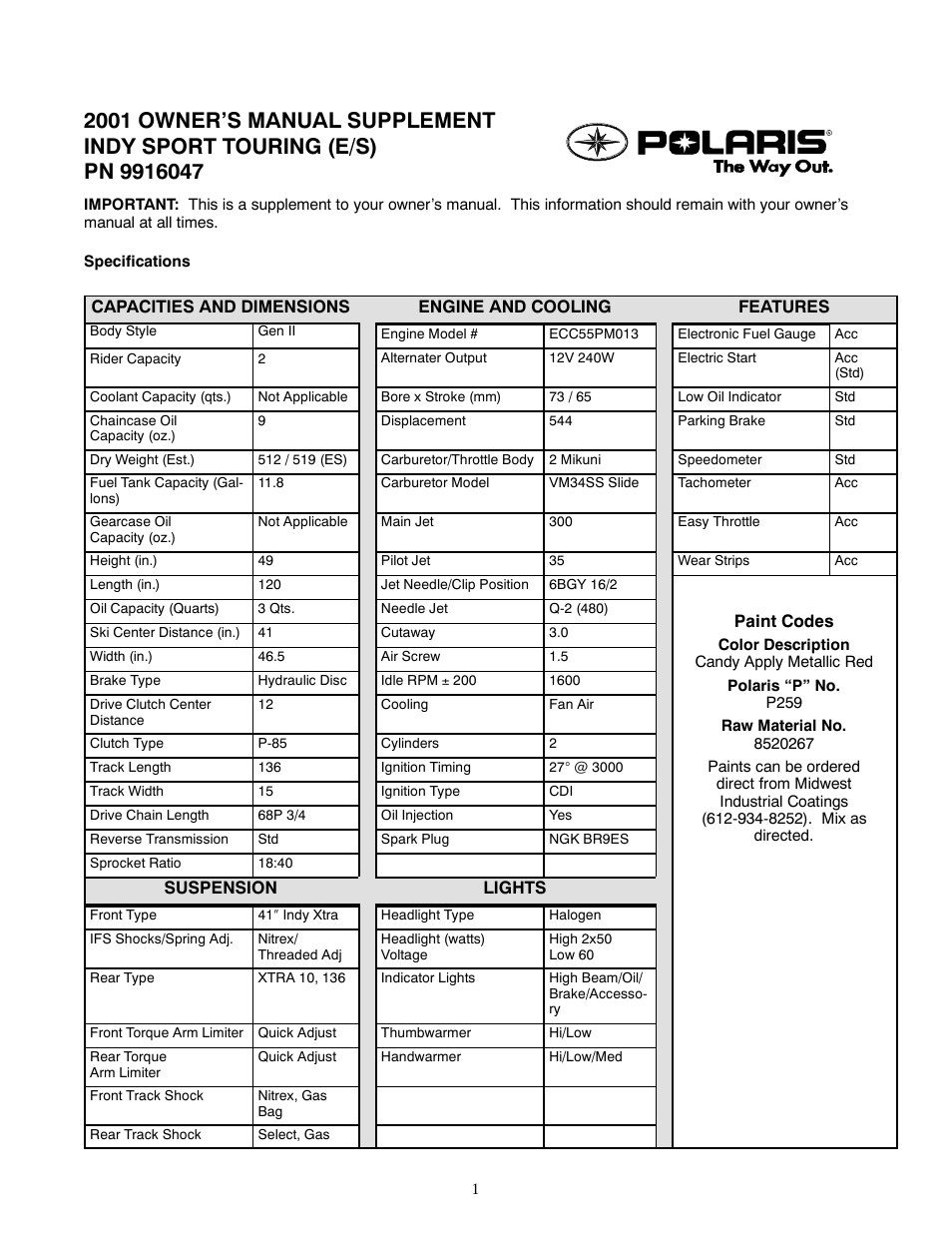 Polaris 2001 Indy Sport Touring - E/S User Manual | 2 pages