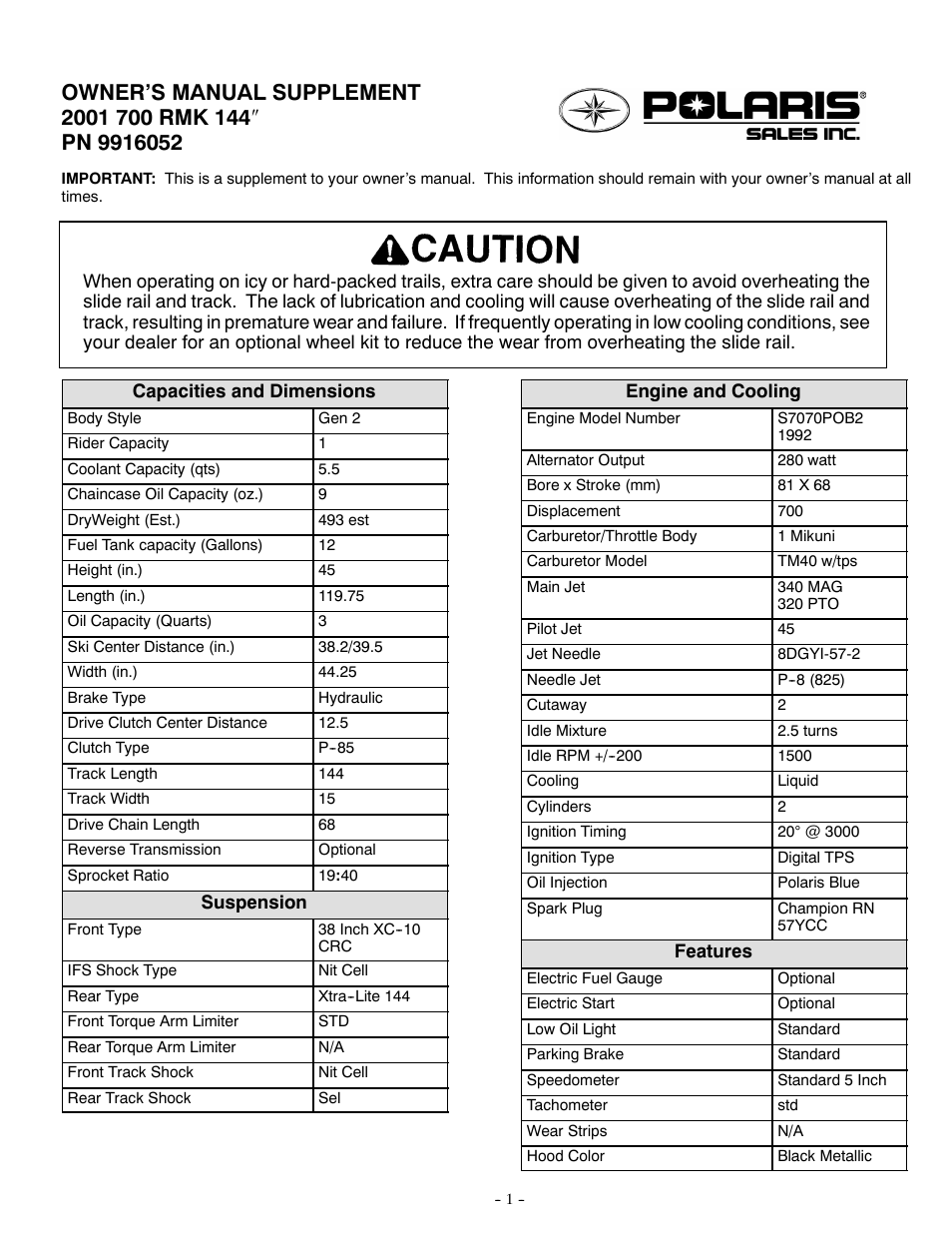 Polaris 2001 700 RMK 144 User Manual | 2 pages