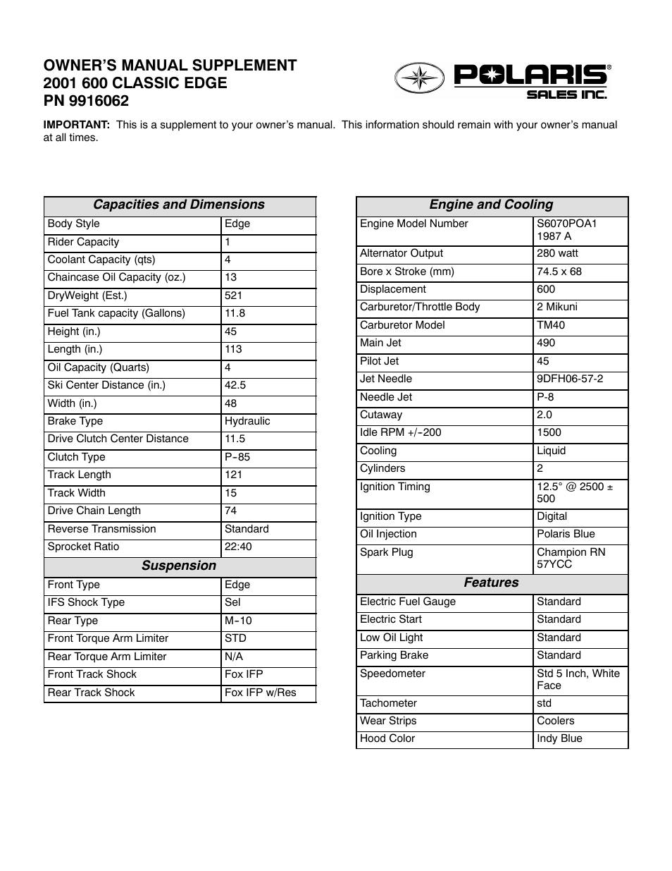 Polaris 2001 600 Classic Edge User Manual | 2 pages