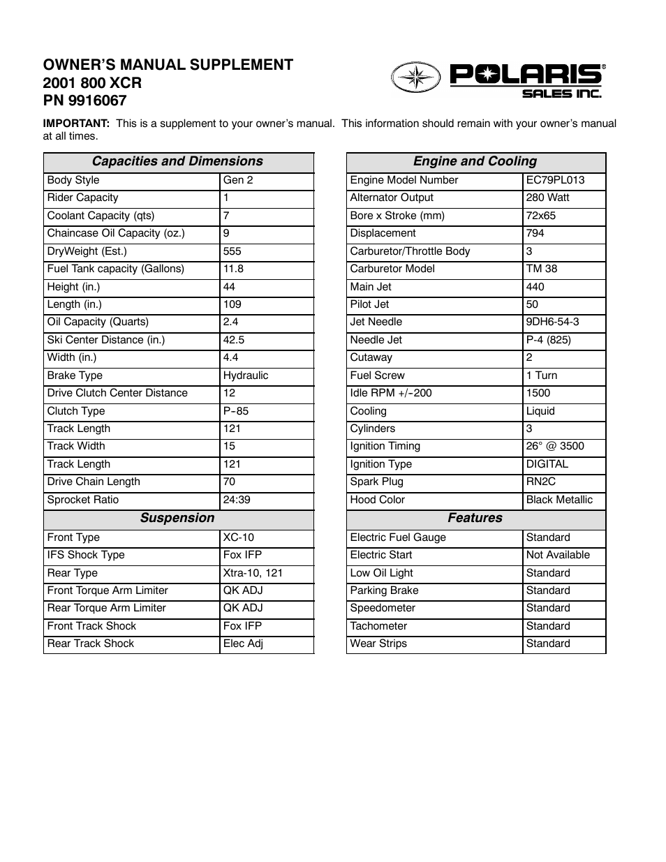 Polaris 2001 800 XCR User Manual | 2 pages