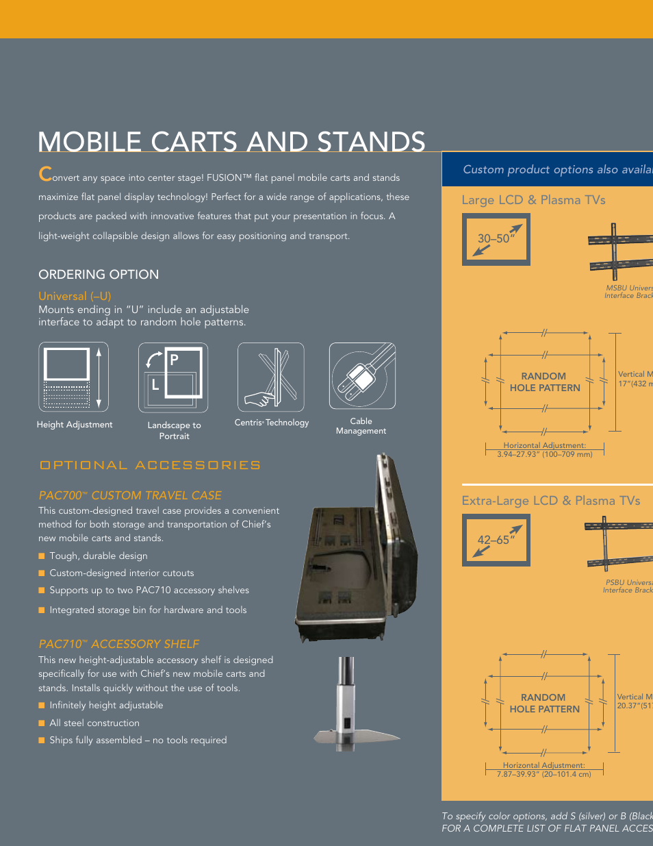 Mobile carts and stands, Optional accessories, X˚ xx xx | Xx” xx, Ordering option, Large lcd & plasma tvs, Extra-large lcd & plasma tvs | Chief Manufacturing Fusion Mobile Carts & Stands User Manual | Page 2 / 6